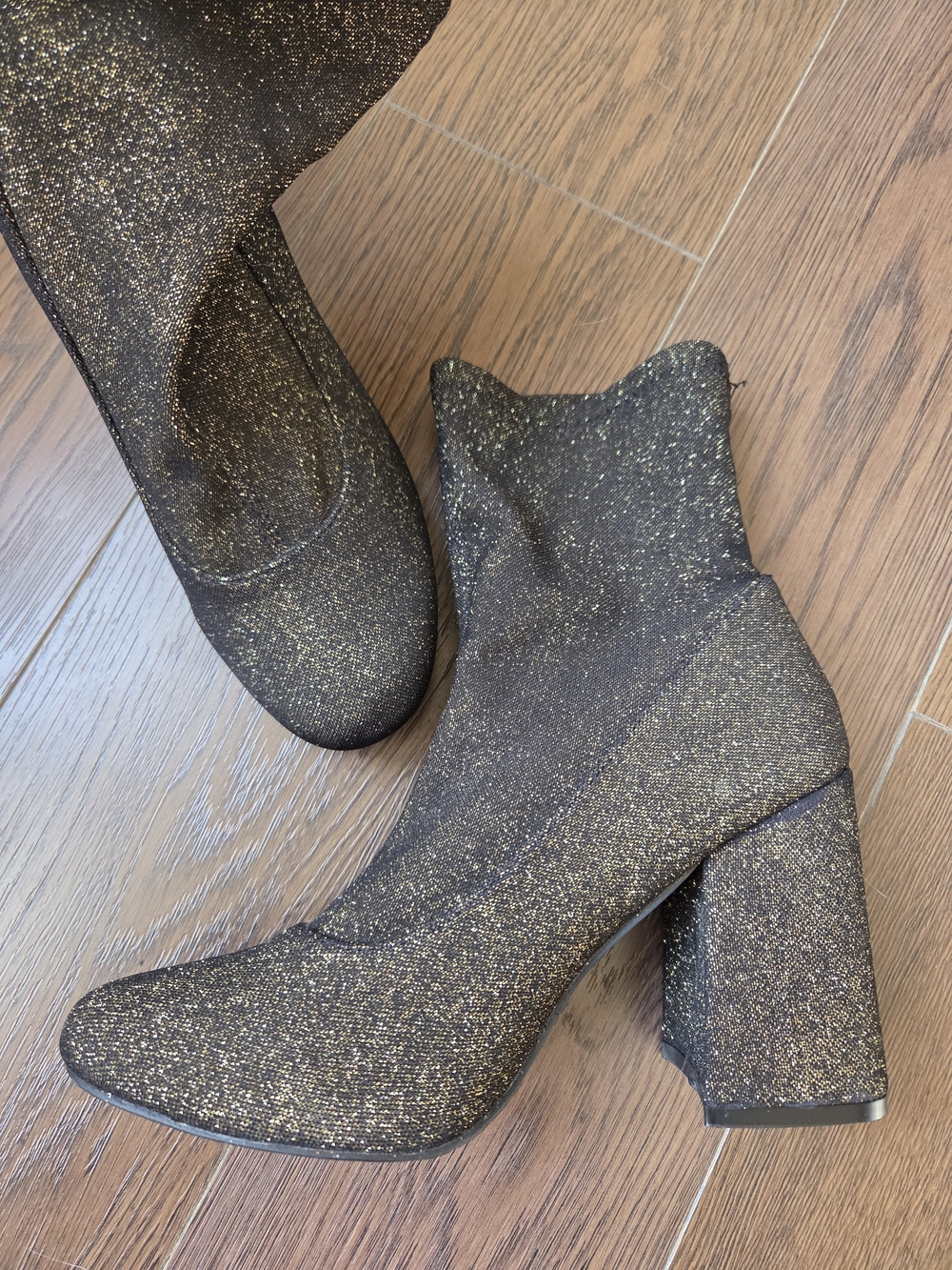 HOTKISS Black and Gold Sparkle Block Heel Ankle Boots